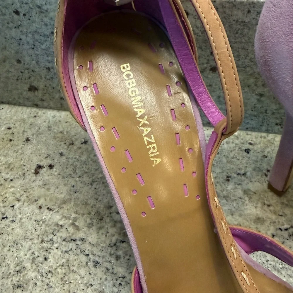 BCBGMaxAzria Pink and Tan T-Strap High Heel Sandals